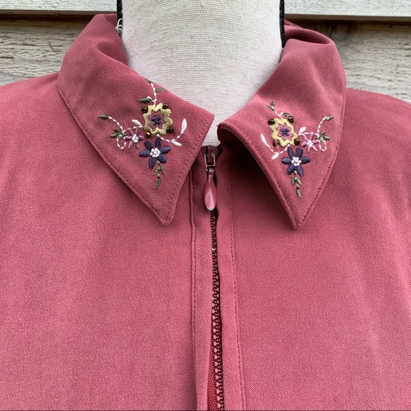 Vintage 80s Dusty Rose Floral Embroidered Long Sleeve Zip Up Front Casual Jacket - Picture 6 of 16